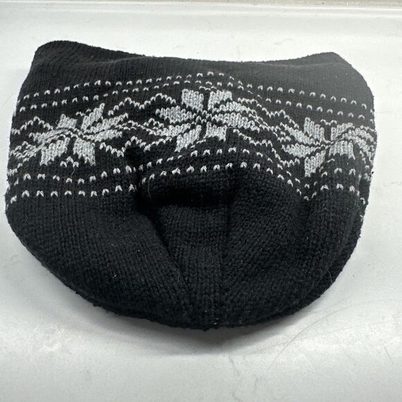Bkack Knit Fleece Lined Snowflake Beanie Winter Warm Snow Hat - Picture 8 of 9